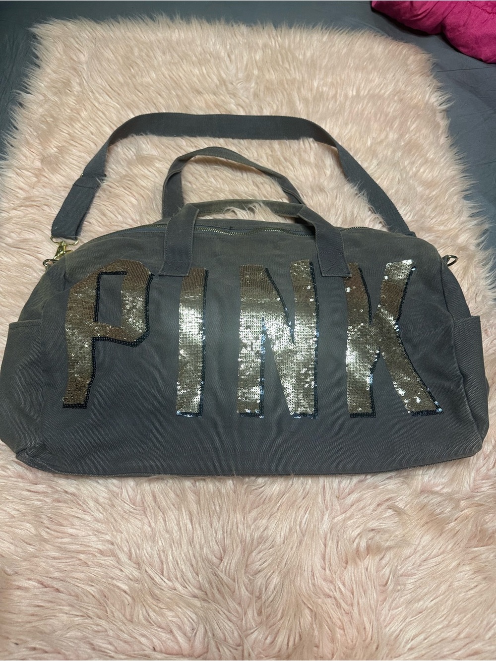Vintage Victoria's Secret PINK Grey Sequin Canvas Duffle Bag